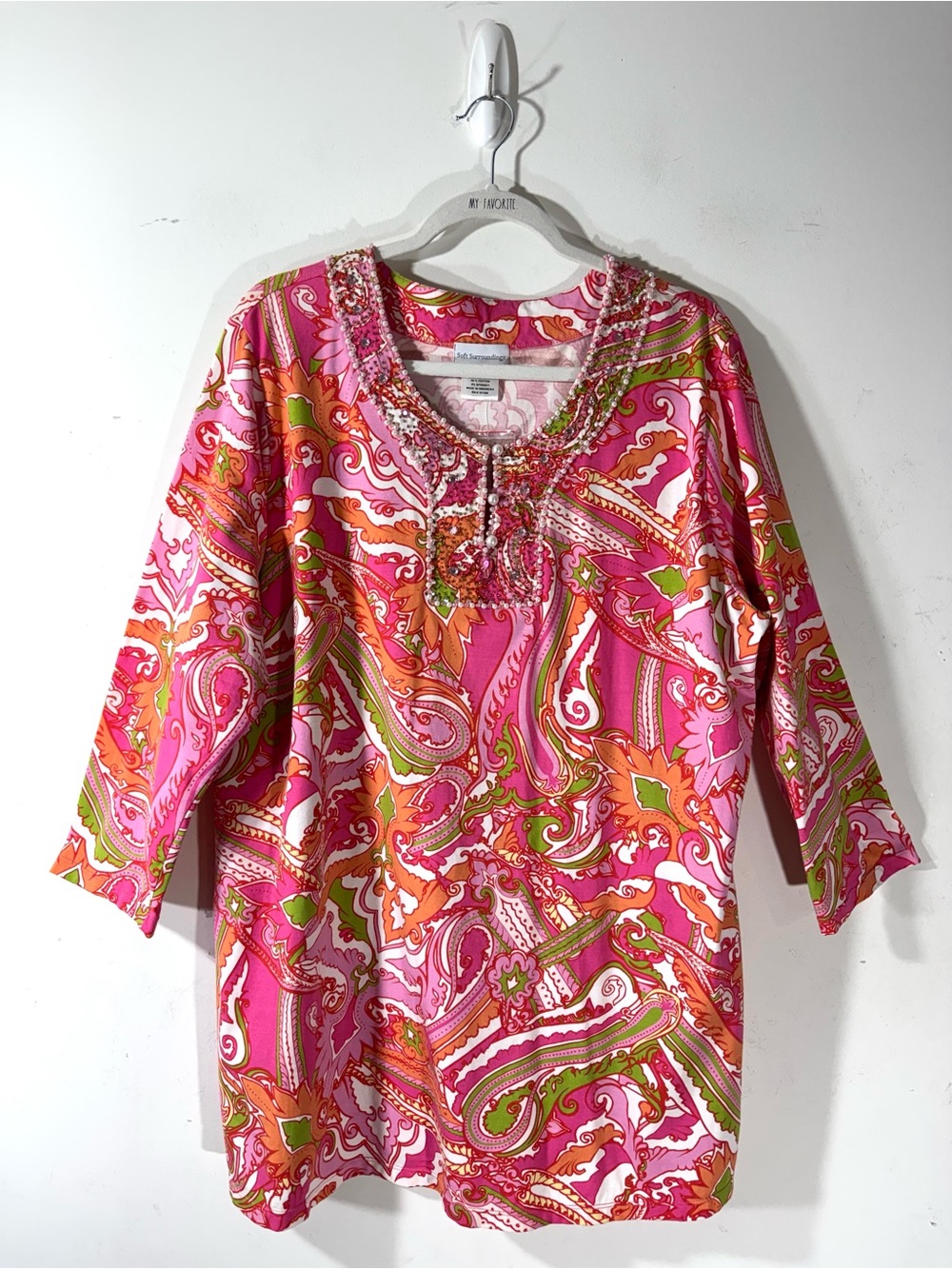 Soft Surroundings Pink  Paisley beaded split neck Tunic size 1X NWOT